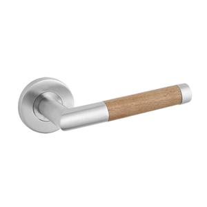 JUEGO 2 MANILLAS DE ACERO INOX SATINADO Y MADERA ROSETA REDONDA
